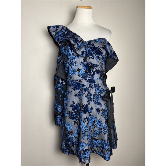 Self-Portrait Devore Velvet Floral Mini Dress Sz 6 Whimsigoth Sheer Asymmetric - Picture 1 of 12